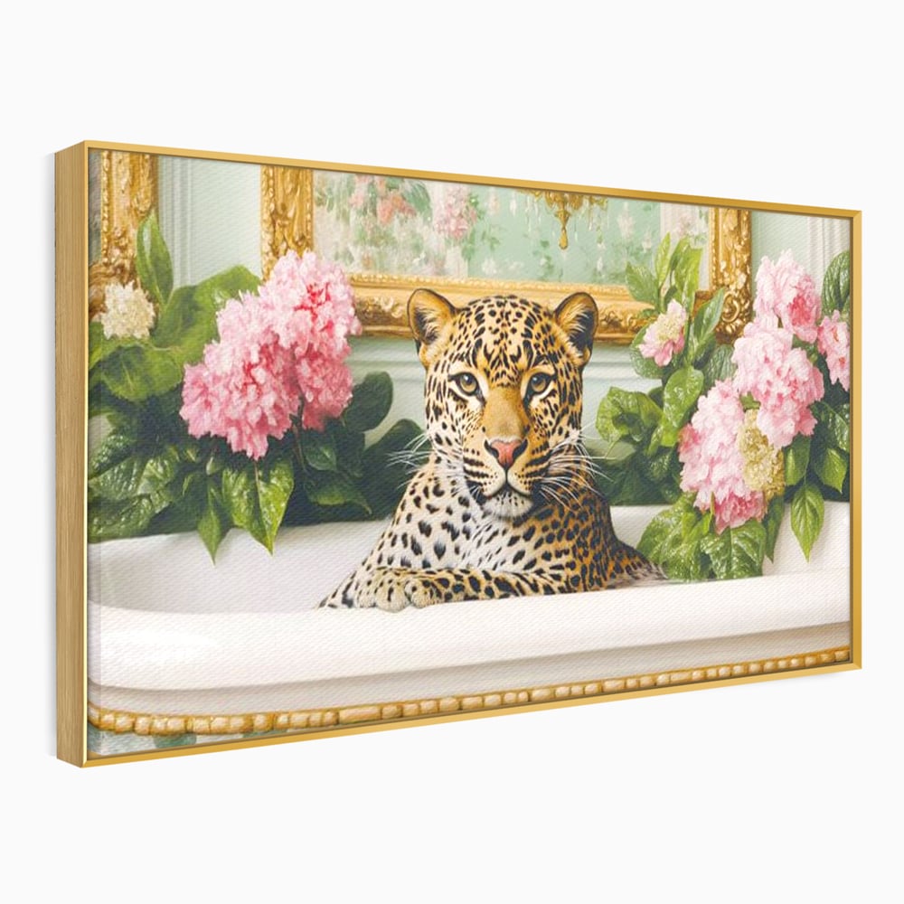 Tablou canvas cu tablou canvas cu leopard in cada, in rama de aluminiu auriu